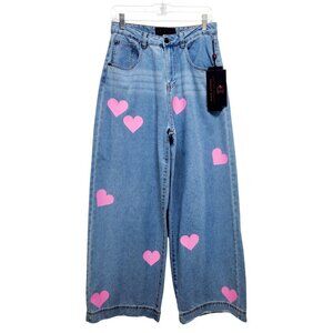 Love For Humanity Womens High-Rise Wide-Leg Jeans Pink Heart Accents Size 7/ 28